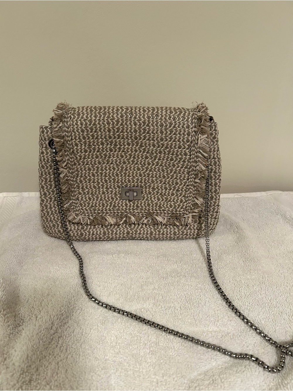 Eric Javits Woven Fringe Shoulder Bag in Beige and Cream
